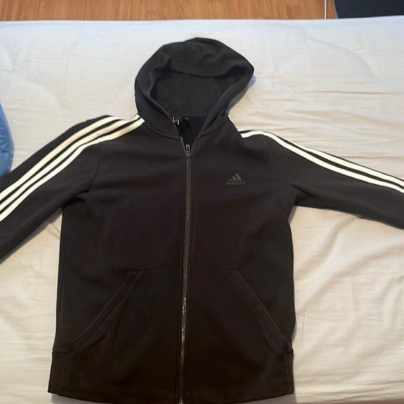 Adidas black zip up hoodie (white stripes) - Picture 1 of 2